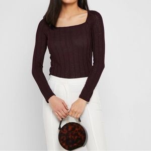 Mango Ribbed Purple Ribbed Long Sleeve  Knit Square Neck Top Size XS NWOT
